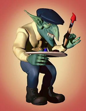 3D graphic of a goblin holding a paint brush