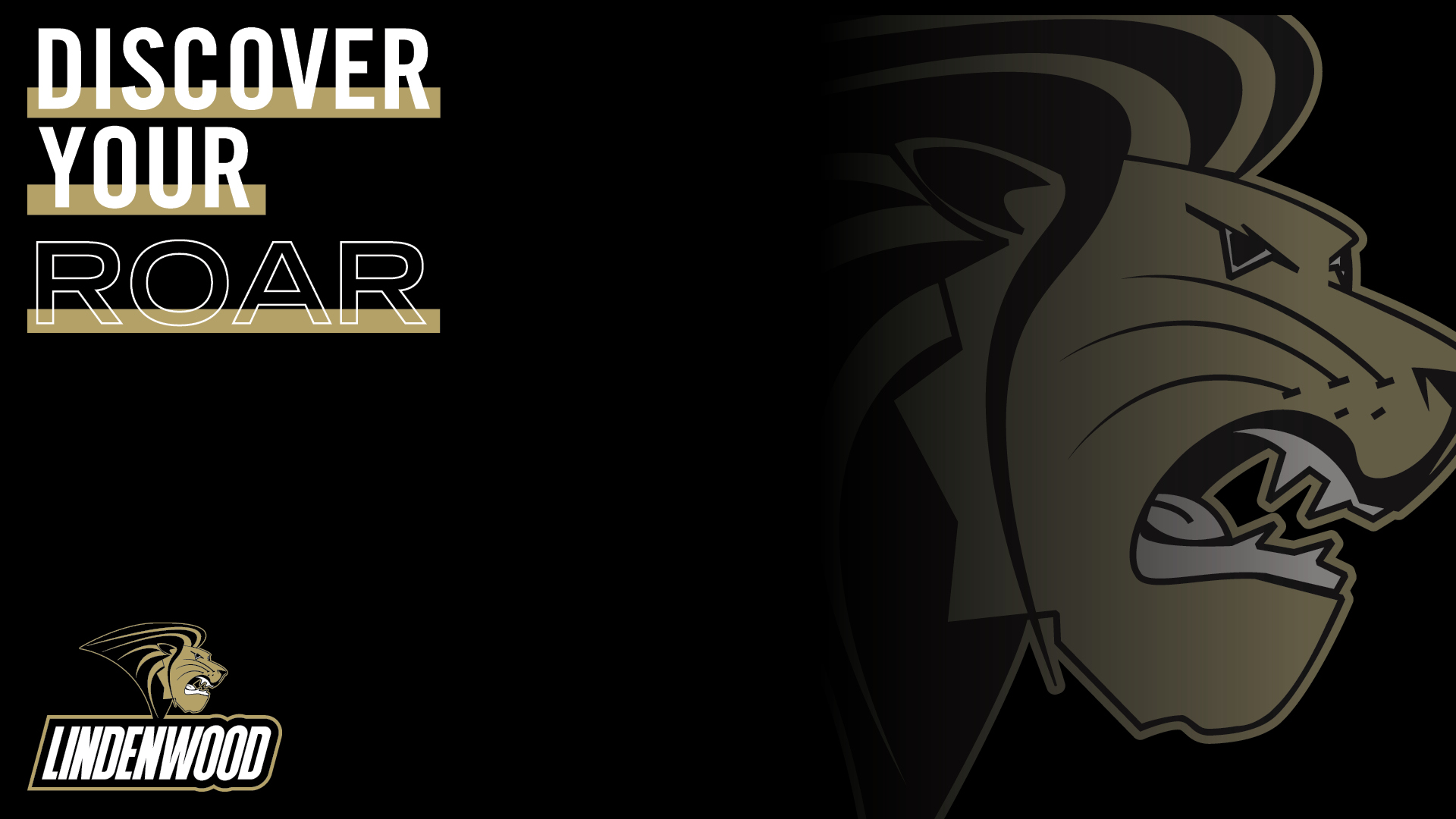 The athletics logo, a stylized lion head, with a black gradient fading the image. The Phrase discover your roar in the top left corner