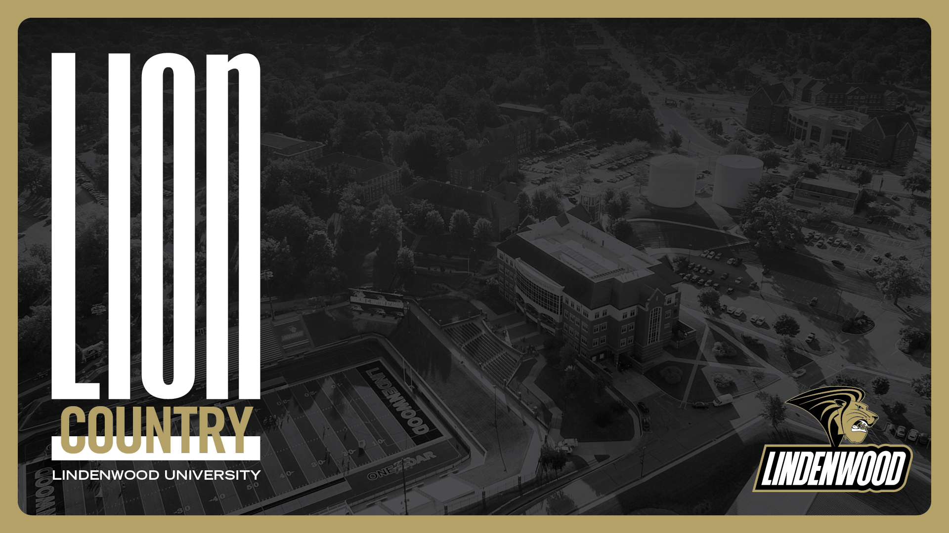 black and white drone shot of the entire campus. Stylized text saying lion country on the left side of the image