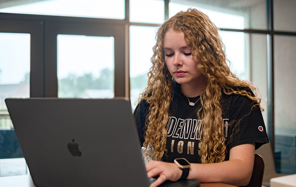 Lindenwood University student working on a laptop