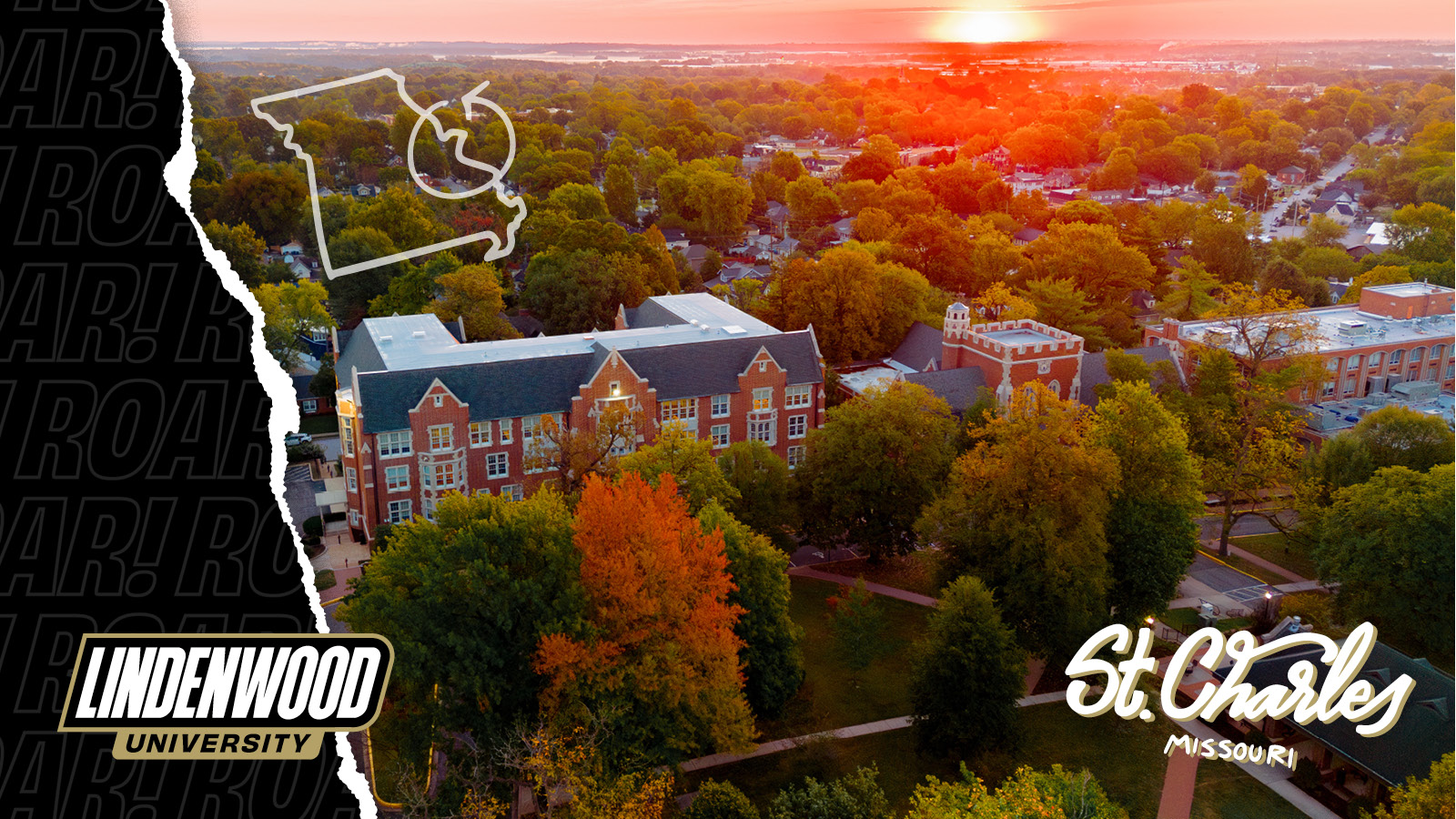 Background features an aerial shot of the Heritage Campus extending to show St. Charles and the Missouri River at sunset. . Features 'Lindenwood University' logo and 'St. Charles, Missouri'.