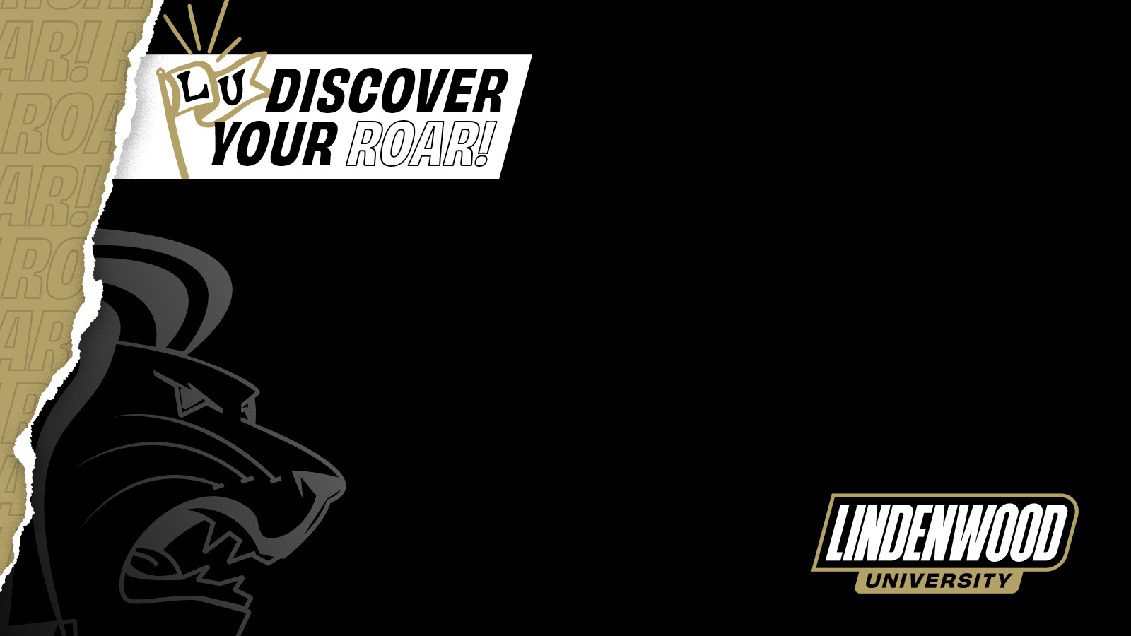 Primarily black background with watermark rendition of the Athletics 'Lion Head' logo. Features 'Lindenwood University' logo and 'Discover Your Roar!' tagline.