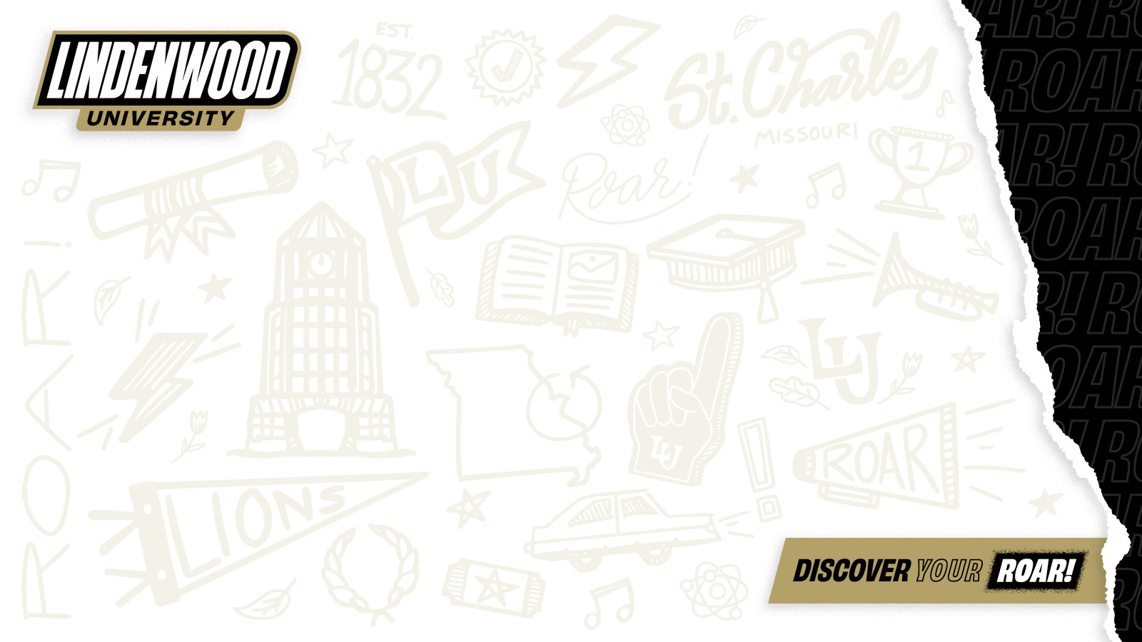 Primarily white background with various Lindenwood iconograph watermarks. Features 'Lindenwood University' logo and 'Discover Your Roar!' tagline.