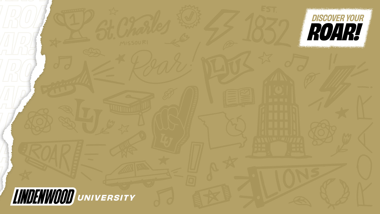 Primarily gold background with various Lindenwood iconograph watermarks. Features 'Lindenwood University' logo and 'Discover Your Roar!' tagline.