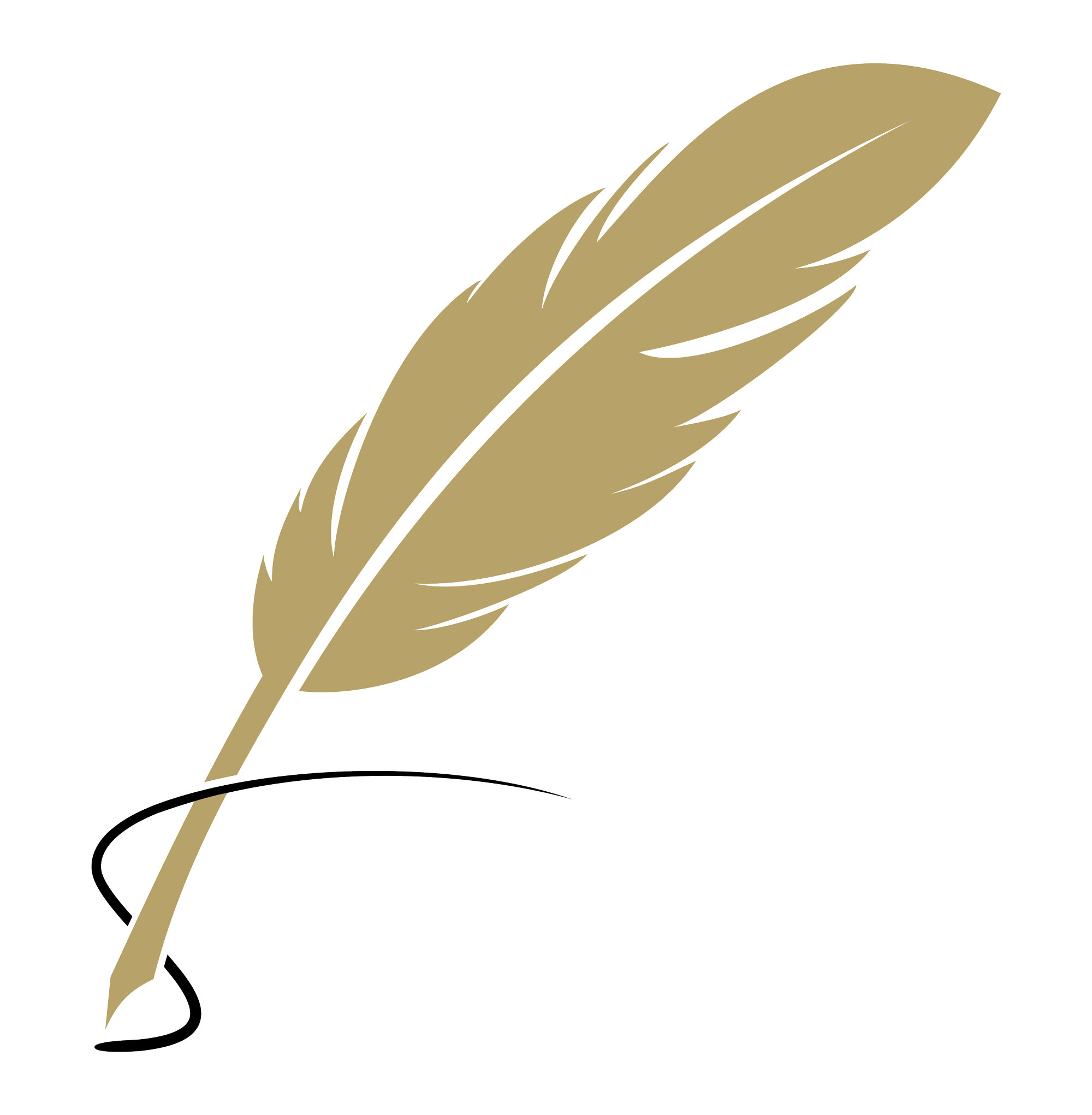 gold quill logo with black ink swirl